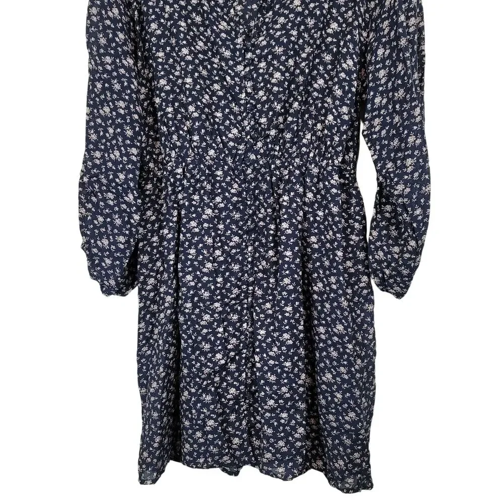 New Joie Galani Navy Floral Balloon Sleeve Cinched Waist Button Dress, Large NWT